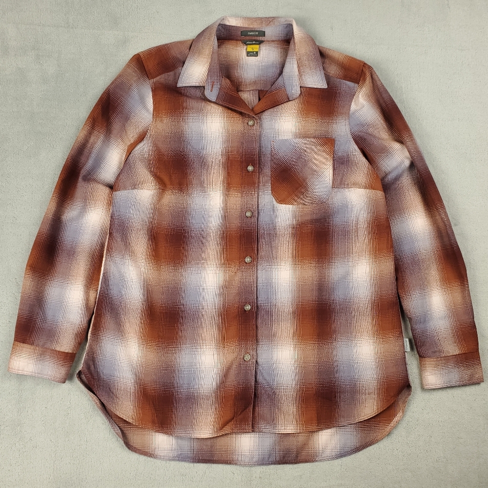 Eddie Bauer Flannel Shirt Womens Medium Shadow Plaid Classic Boyfriend Button Up
